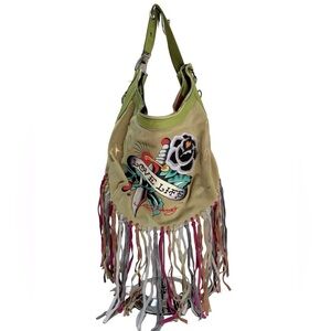 Y2K Ed Hardy LOVE Green Leather Suede Fringe Shoulder‎ Handbag with Crystal Rose